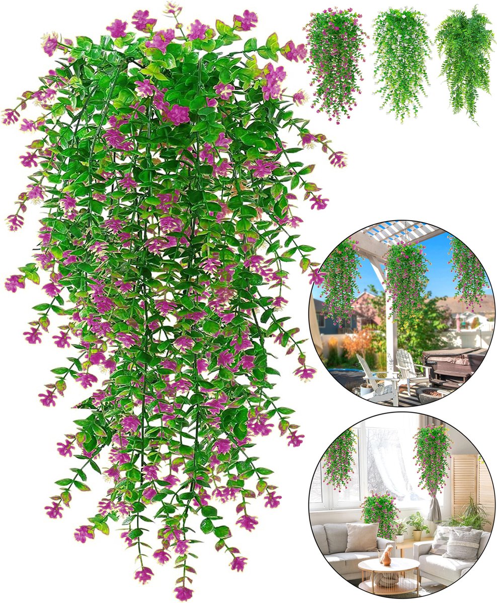 Boncy® Premium Kunstplant - 3 Stuks - Hangplant Roze/Groen Kunstplanten - Nep planten voor Binnen en Buiten - Kamer Decoratie - Nepplanten Kunst plant - Kunstbloemen
