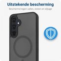 Zwarte matte beschermhoes met MagSafe-ring, met een schild-icoon. Titel: 'Uitstekende bescherming'.