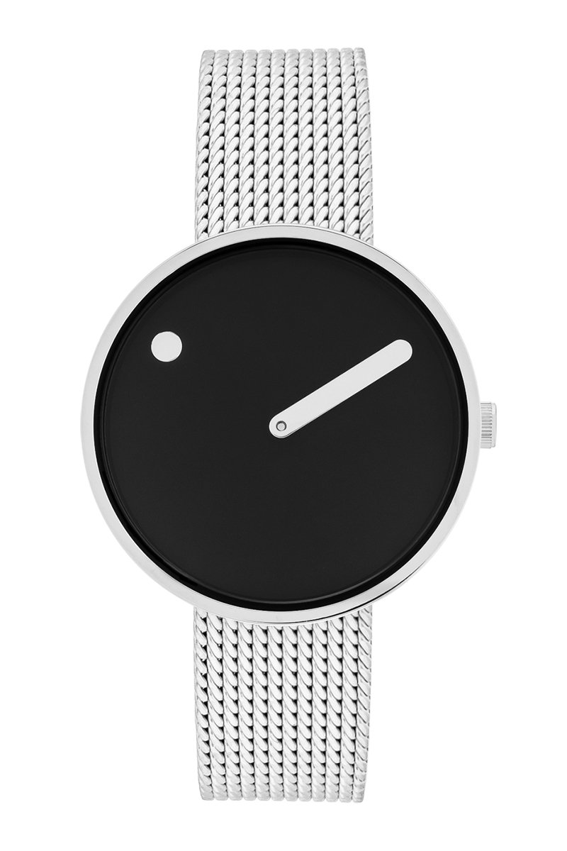 Picto Design Dameshorloge Zwarte Wijzerplaat en Stalen Mesh Horlogeband 34070-0814S - 34mm
