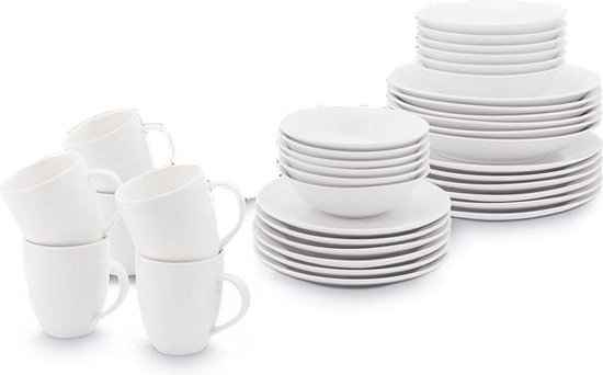 vtwonen Servies Basic - Serviesset 6 persoons - Wit Porselein - Met Borden, Kommen en Kopjes - 36-delig