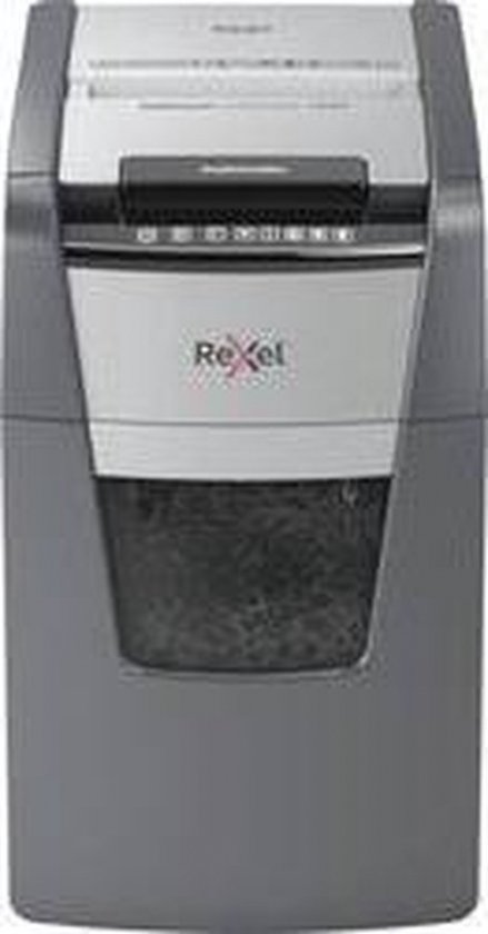 Rexel papierversnipperaar met volle opvangbak en het Rexel-logo.