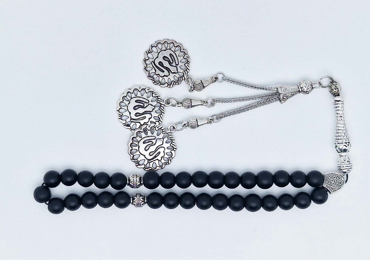 Handgemaakte tesbih klassiek - "Tasbih" natuursteen " Mat zwart onyx" - Aantal kralen 33 - Diameter kralen 8 MM - met metaal tassel "Allah" - Een mooi cadeau-idee