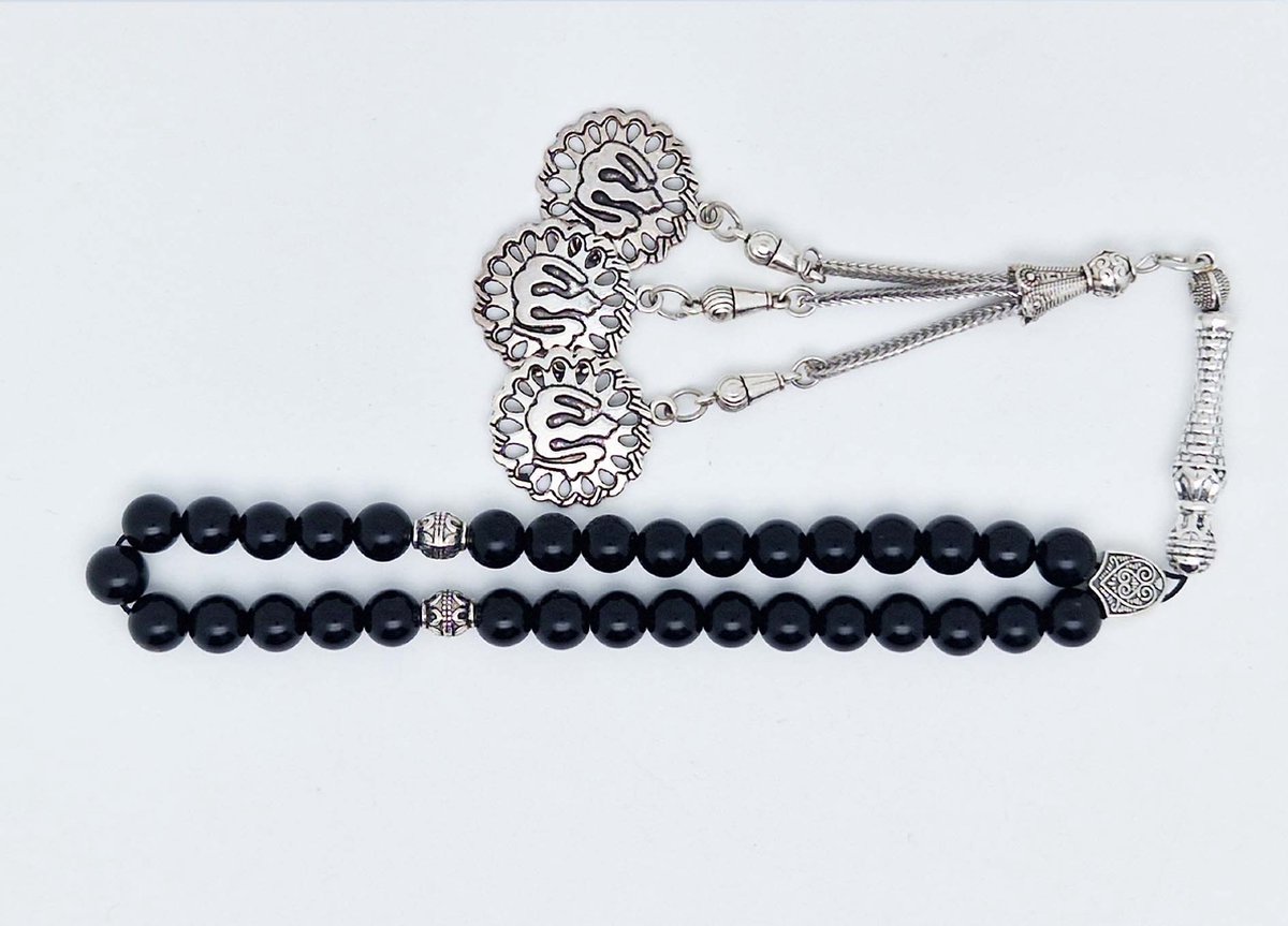 Handgemaakte tesbih klassiek - "Tasbih" natuursteen " Obsidian" - Aantal kralen 33 - Diameter kralen 8 MM - met metaal tassel "Allah" - Een mooi cadeau-idee