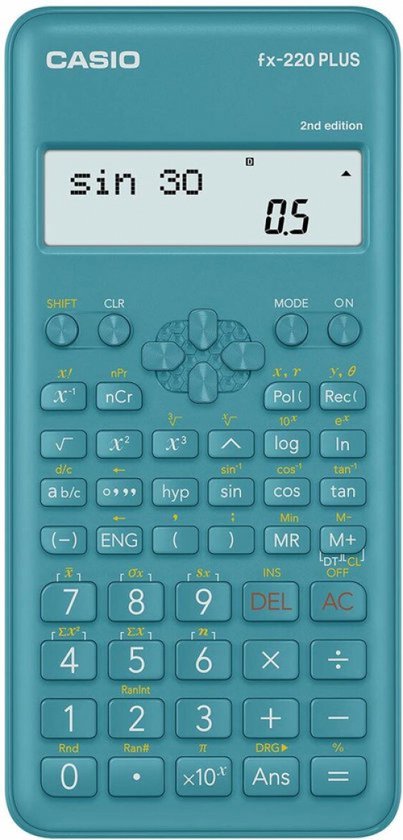 Turquoise Casio fx-220 PLUS 2nd edition rekenmachine met een display dat "sin 30" = 0.5 weergeeft.