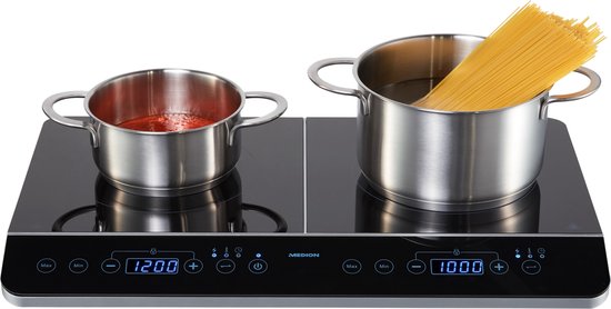 MEDION dubbele inductiekookplaat met twee kookplaten, 3500 watt, 10 temperatuurniveaus, LED-display, MD 15324, zwart