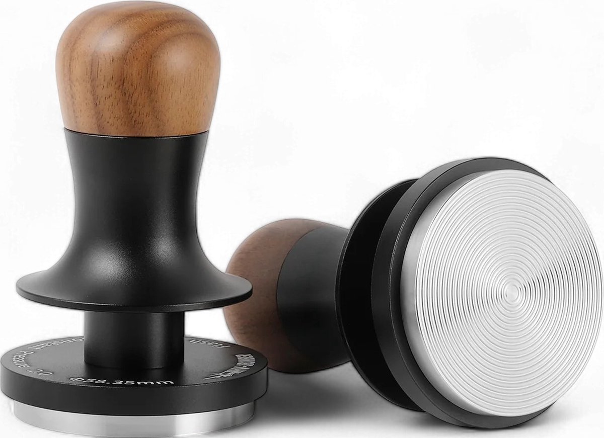 MHW-3BOMBER Flash koffie tamper - constante druk - geluidsfeedback - walnoothout en rvs - 58.35mm - geribbelde basis