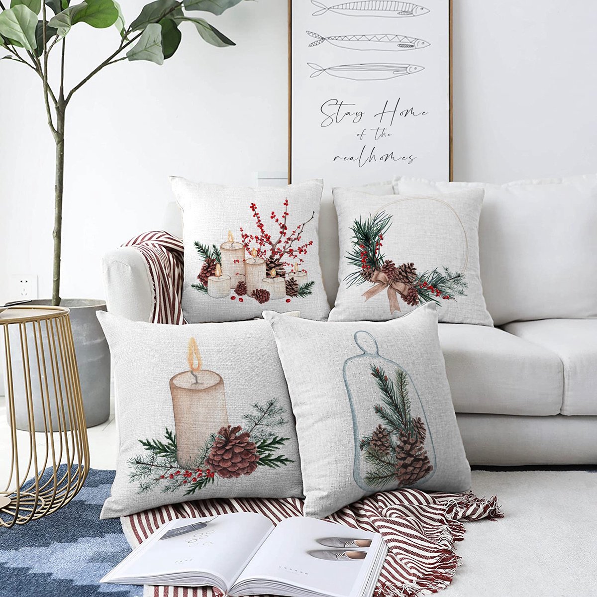 Kwube Kussenhoes Voor Sierkussens 45x45 cm | Set Van 4 | Kaars- en Kandelaarmotief | Kussensloop | Kussensloop Gooien | 45x45 cm | Dubbelzijdig Bedrukt | Decoratieve Kussenhoesjes | Decoratief Gooi Kussen | Met rits | Zonder Binnenkussen Kussenhoes Creme