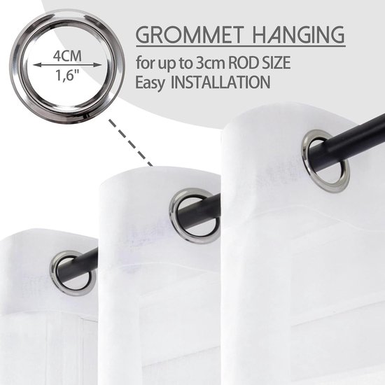 Detail van witte, doorschijnende gordijnen met metalen ringen aan een zwarte roede. Tekst 'GROMMET HANGING'.