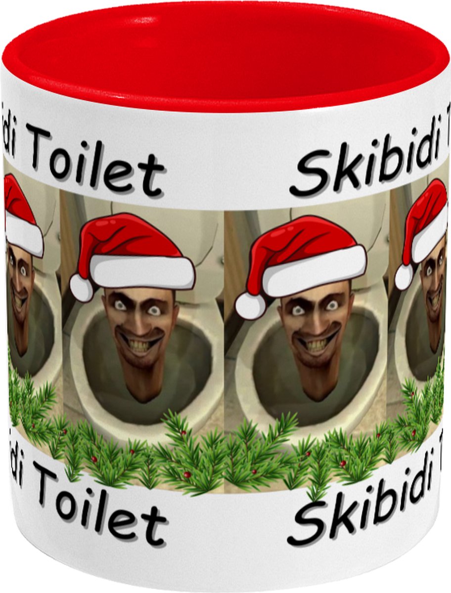 Skibidi Toilet Kerst Editie mok Gekleurde binnenkant en oor. Kleur rood