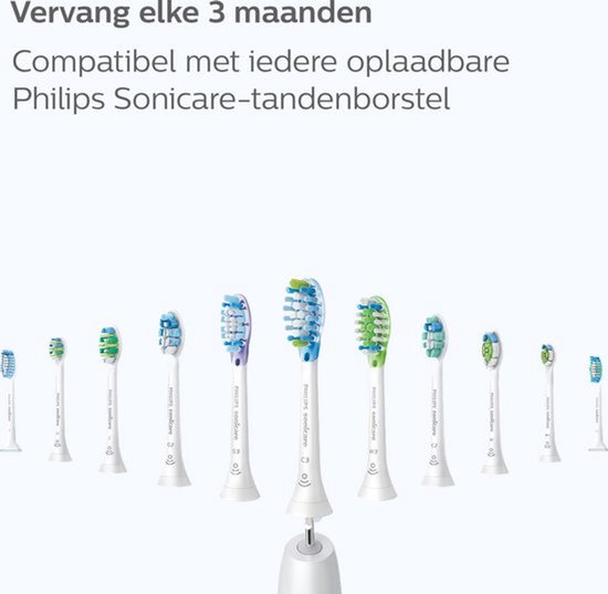 Diverse zwarte Philips Sonicare opzetborstels, met blauwe, witte en groene borstelharen.