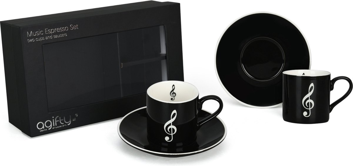 Set van 2 Espresso kopjes met Schotels – Zwart met witte vioolsleutels
