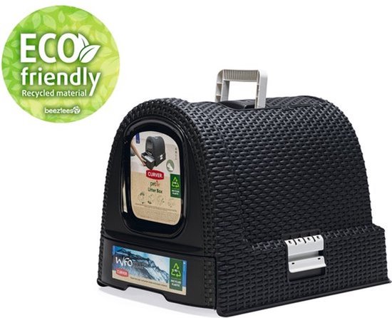 Zwarte Curver kattenbak met vlechtwerktextuur, een ronde groene 'eco friendly' sticker.
