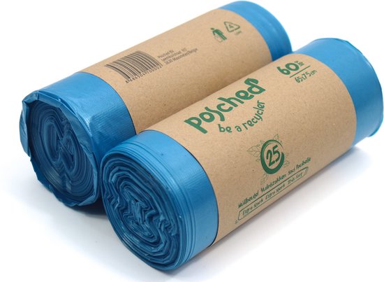 Twee rollen lichtblauwe vuilniszakken met kartonnen wikkel met tekst en logo 'Posched be a recycler'.