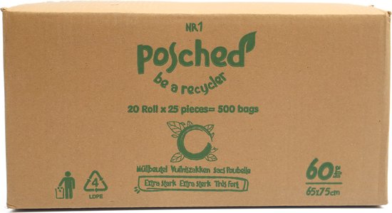 Kartonnen verpakking van lichtblauwe vuilniszakken met merknaam 'Posched', specificaties en logo's.