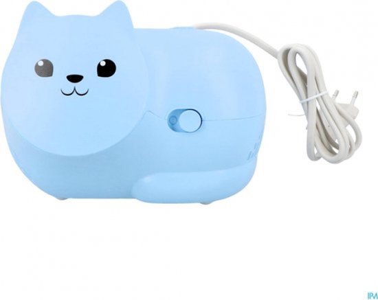 Blauwe OMRON Nami Cat vernevelaar in katvorm, met aan-/uitknop en stroomkabel.