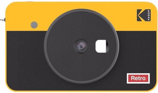 Gele Kodak instant camera met zwarte details en retro-logo.