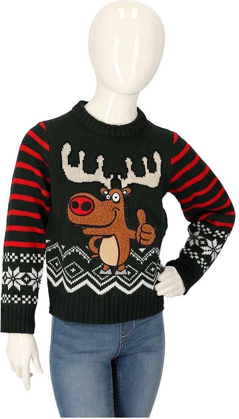 Pull de Noël vert foncé avec un imprimé renne, rayures rouges et flocons de neige blancs.