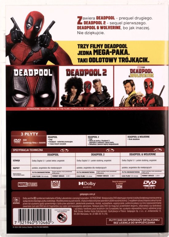 Deadpool & Wolverine DVD-hoes met de hoofdpersonages Deadpool en Wolverine, tekst in het Pools.