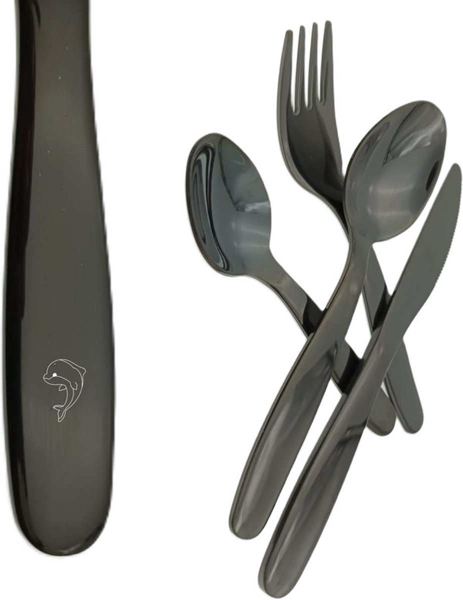 Goedkoopste Kinderbestek Met Gravering - Zwart - Dolfijn