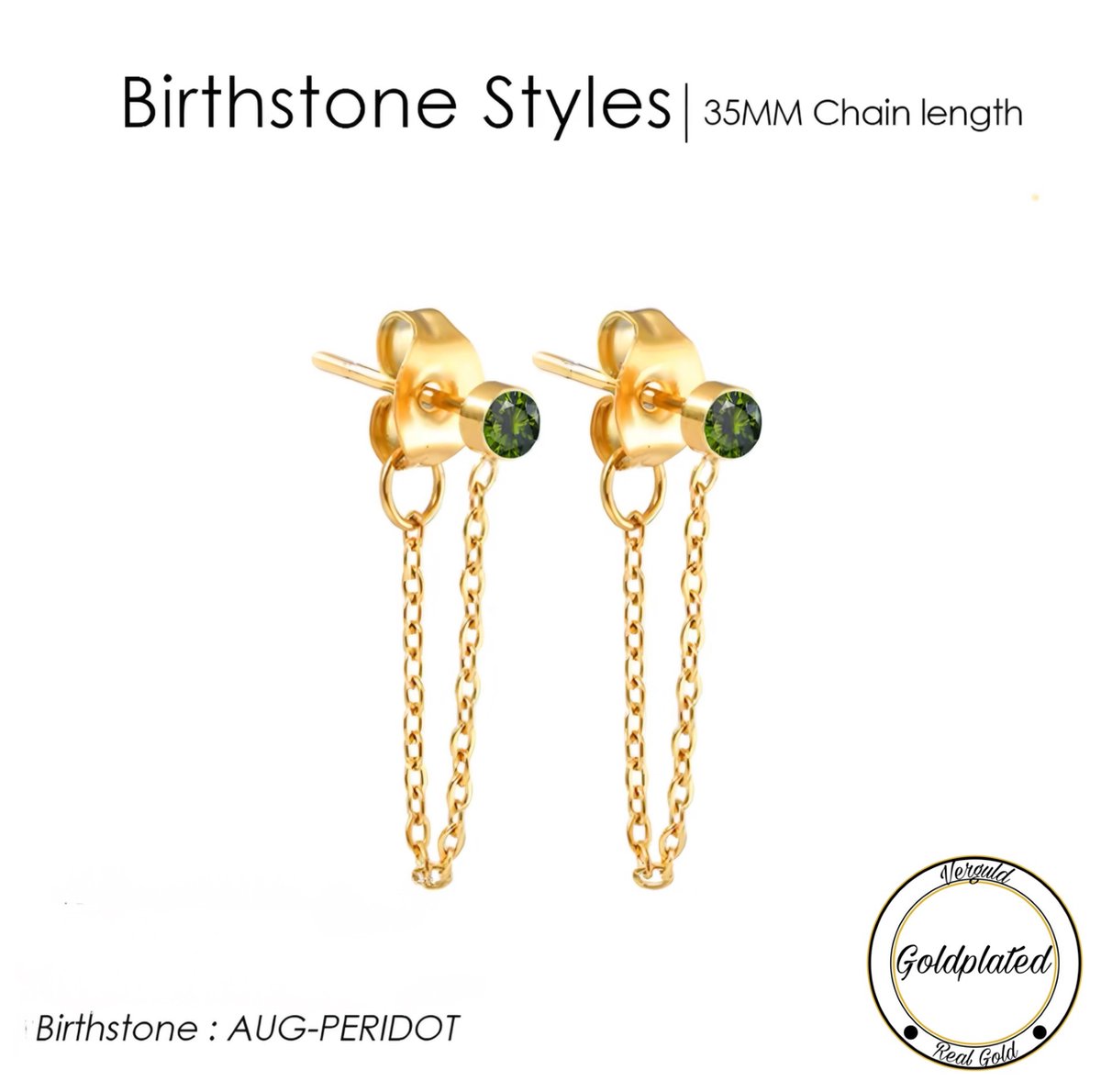 Borasi Birthstone Oorbellen Met Hanger Augustus | Goldplated | Lichtgroen | Dames Sieraden |