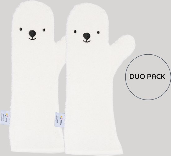 Nifty - The Original Baby Shower Glove – Duo Pack - baby douche handschoen voor beter grip op je baby bij het douchen - origineel kraamcadeau - lange baby washand – Wit 1+1