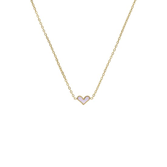 Gouden ketting met een klein wit hartje van parelmoer.
