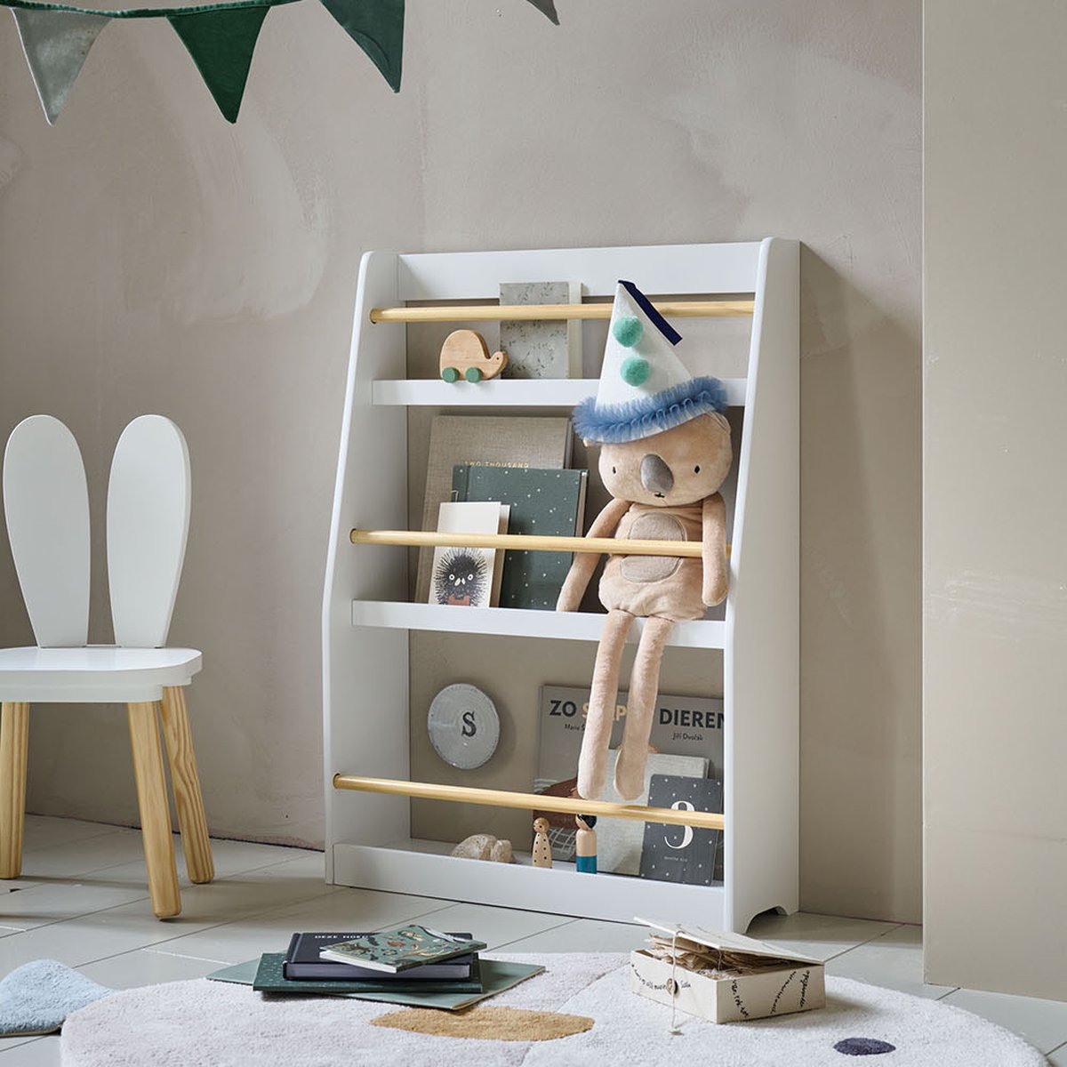 Petite Amélie Houten Boekenrek kind - Kinderboekenkast met Drie Schappen - Montessori boekenkast voor kinderkamer - Wit en Naturel