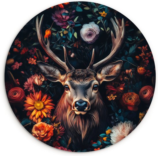 WallCircle - Cercle mural 90x90 - Cerf - Portrait Animaux - Fleurs - Nature - Tête de cerf - Tableaux ronds salon - Plaque murale ronde - Cercle Décoration murale - Décoration chambre intérieur - Décoration murale cercle mural - Accessoires de maison