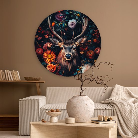 WallCircle - Cercle mural 90x90 - Cerf - Portrait Animaux - Fleurs - Nature - Tête de cerf - Tableaux ronds salon - Plaque murale ronde - Cercle Décoration murale - Décoration chambre intérieur - Décoration murale cercle mural - Accessoires de maison