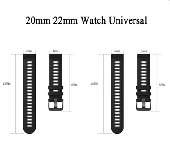 Diagram van twee 20mm en twee 22mm zwarte horlogebandjes met afmetingen.