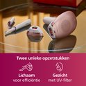 Wit Philips Lumea IPL ontharingsapparaat met rosé gouden accenten, twee opzetstukken: Lichaam voor efficiëntie en Gezicht met UV-filter.