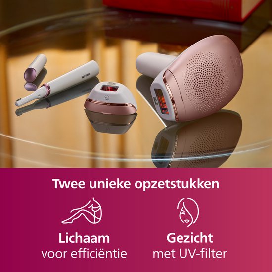Wit Philips Lumea IPL ontharingsapparaat met rosé gouden accenten, twee opzetstukken: Lichaam voor efficiëntie en Gezicht met UV-filter.
