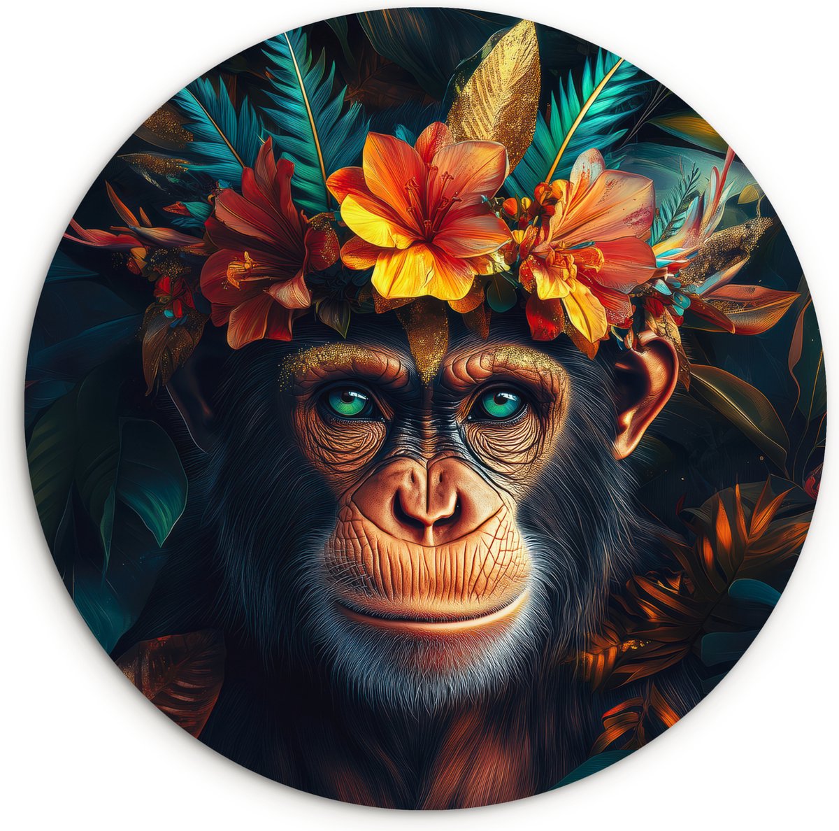 WallCircle Wandcirkel 30x30 cm - Muurcirkel Chimpansee - Aap - Jungle - Bloemen - Dier - Muurdecoratie woonkamer - Wanddecoratie slaapkamer - Kamer decoratie accessoires - Ronde schilderijen