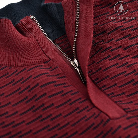 Chris Cayne pull skipper en maille fine rouge - taille L - pull homme L - couleur bordeaux/bleu foncé - structure - pull homme avec fermeture éclair courte - mode homme - vêtements homme - tricoté