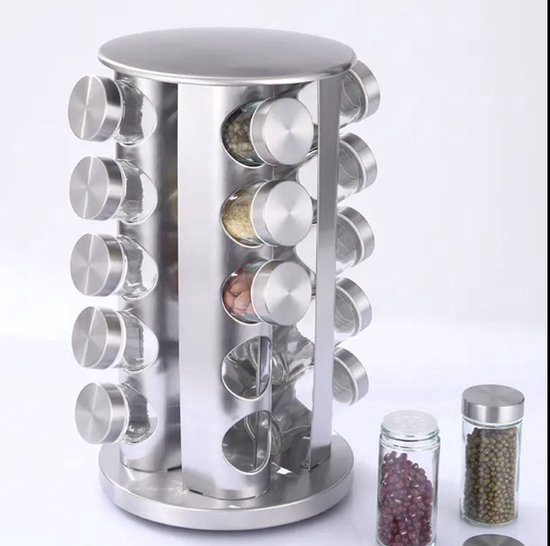 Étagère à épices rotative, verticale, Pots d'herbes aromatiques , carrousel à épices, 20 Pots d'herbes aromatiques , Argent , acier inoxydable, organisateur de comptoir