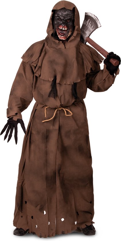 KIMU Kostuum Zombie Monnik Bruin Pak - Zombiepak Met Masker - Horror Cape Abdij Bierbrouwer Dead Middeleeuwen Walking Eng Geest Halloween