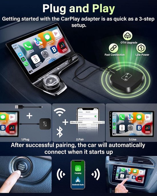 2-in-1 draadloze CarPlay- en Android Auto-adapter, converteert bekabeld naar draadloos, automatische, plug & play voor auto's met bekabelde CarPlay, ondersteunt iOS 10 en Android 11 (Zwart