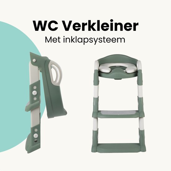Groene WC verkleiner met trapje, opgevouwen en uitgevouwen, met een groene cirkel erachter.