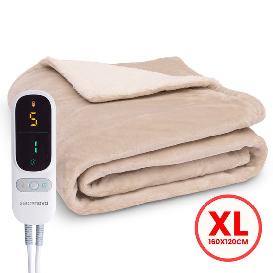 Seranova Elektrische Deken - Extra Warmtedraden - Premium Model - 160x120 cm - 1 persoons Warmtedeken - Dubbelzijdig Fleece Sherpa - Crème beige