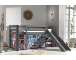 LUCEVI - Pino Halfhoogslaper H115CM + Ladder + Glijbaan + Pet Shop Gordijntjes - Grijs - 90x200 cm