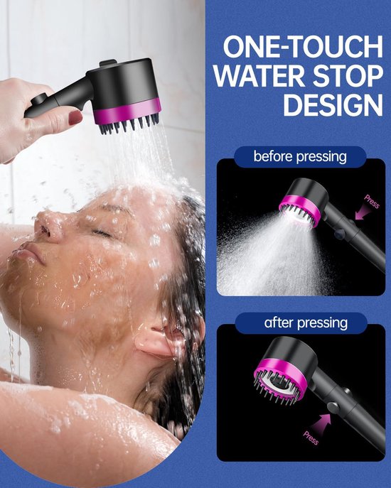 Pommeau de douche - Douchette à main - Pommeau de douche à effet pluie - 3+1 modes de jet - ABS - Chrome - Noir et violet - Haute pression - Économie d'eau - Avec filtre à eau - Avec fonction d'arrêt - 25*7,5*6 cm