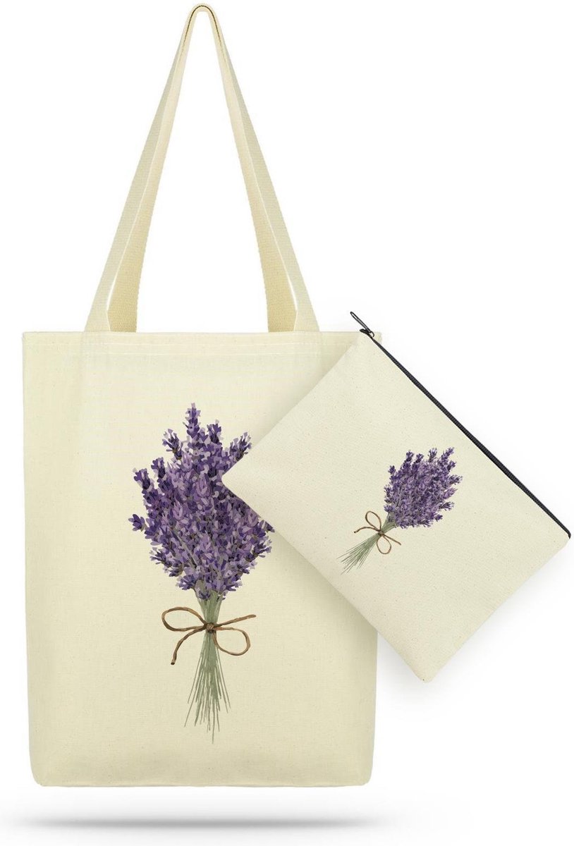 Kwube Dames Tassen - Shopper - Set Van Shopper en Toilettas - Naturel Katoen - Lavendel Print - 35x40 cm en 25x18 cm - Katoenen Schoudertas - Boodschappentas - Linnen Tas - Set Of Natural Cotton Tote Bag and Toiletry Bag - Cadeau Voor Haar - Bloemen