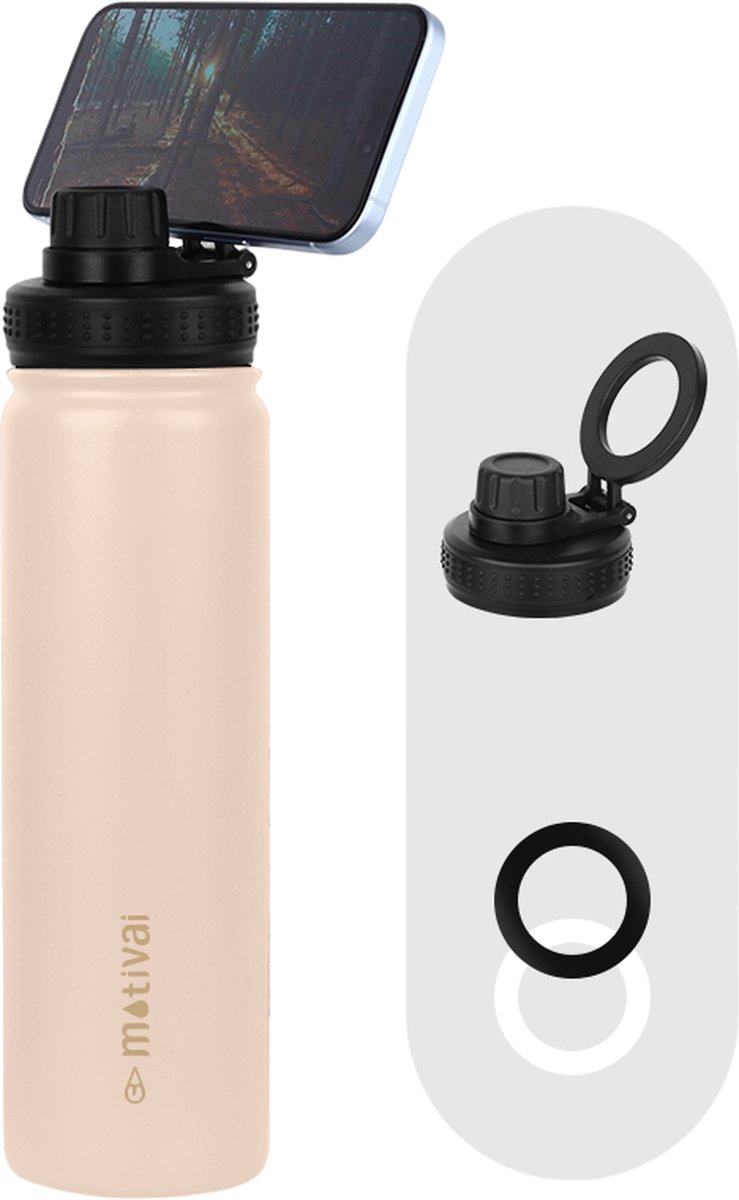 Motivai RVS Thermosfles met Telefoonhouder & MagSafe Ring – 750ML (25oz) – Lekvrij & Isolerend – Waterfles voor Koude & Warme Dranken – BPA-vrij – Crème