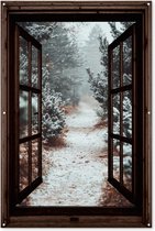 Poster de jardin Forêt - Hiver - Arbres - Nature - Chemin - Vue - 120x180 cm - Toile de jardin - Poster extérieur