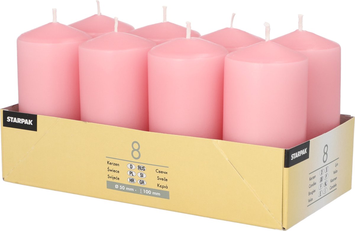 Conpax candles Stompkaarsen/zuilkaarsen set van 8x - lichtroze - D5 x H10 cm - 16 branduren
