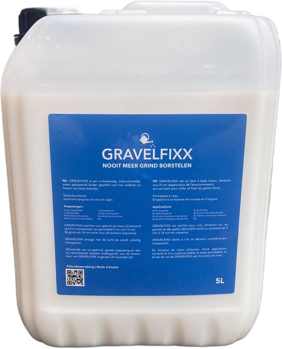 GRAVELFIXX grindlijm, fixeren grind, geen losse grind meer, geen grind meer borstelen, geen mos op tuinstenen, anti mos, geen los grind op stapstenen meer, milieuvriendelijk, gemakkelijk aan te brengen, transparant, grind blijft waterdoorlatend