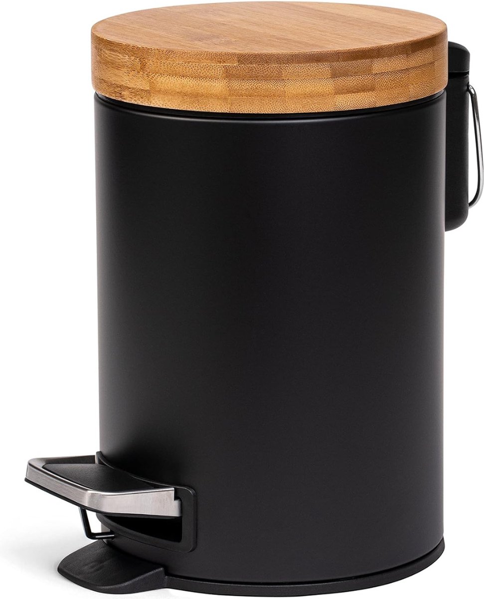 Stellar Designer Badkameremmer - Pendaalemmer - Prullenbak - Prullenbakken - 3 Liter - Superieure Bamboe - Zachtsluitend - Anti-Vinger - Zwart