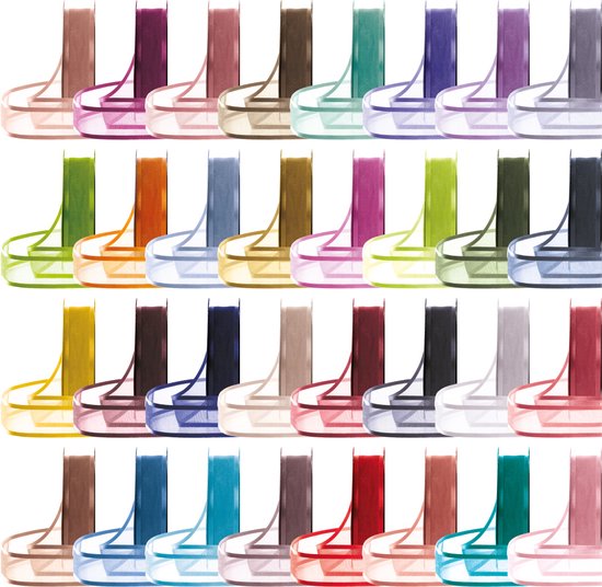 Une rangée de 24 rubans de différentes couleurs, sur des bobines.