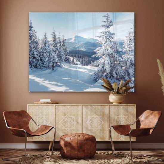 MuchoWow® Peinture sur verre 160x120 cm - Peinture sur verre acrylique - Paysage d'hiver - Nature - Berg - Arbres - Neige - Photo sur verre - Décoration murale salon - Décoration murale chambre - Peintures