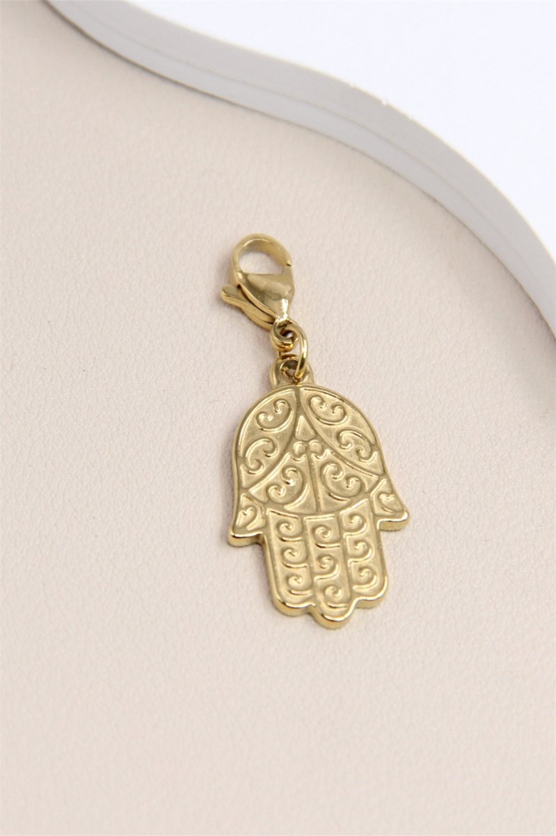 Stainless Steel Charm Pendant in the Shape of Fatma's Hand - bedel Hamsa hand kleur goud met sluiting - kleur goud